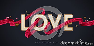 Valentines day greeting illustration. Word Love with red paint brush stroke. Letters with golden border and red ribbon. Vector Illustration